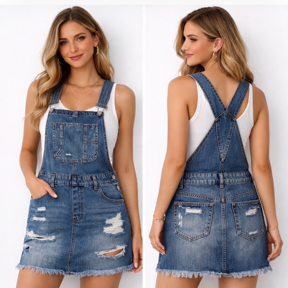 Distressed Denim Overall Mini Dress in Blue